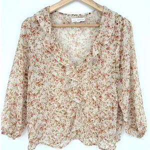Coco + Jaimeson Floral Ruffle Blouse Cream Sheer Balloon Sleeve Top Coquette